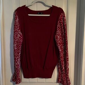 Roz & Ali Burgundy Top with White Polka Dot Sleeves
